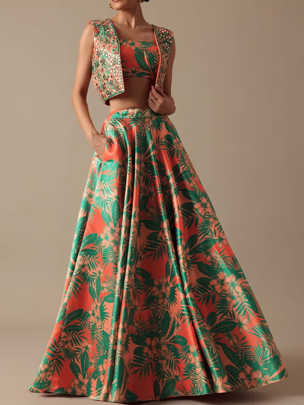 Kalki Orange and Green Floral Lehenga
